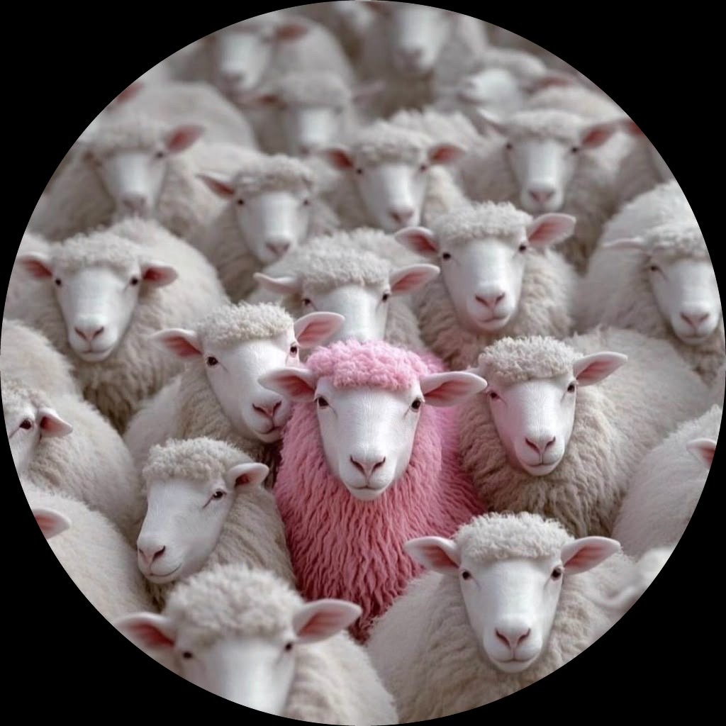 Um rebanho de ovelhas brancas idênticas, e no meio delas uma ovelha de lã rosa olhando para a frente